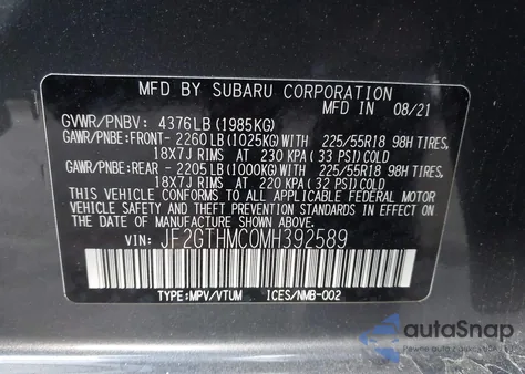 2021 Subaru Crosstrek Limited из США, поврежденный, VIN JF2GTHMC0MH392589